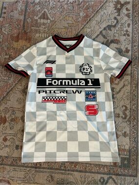 Hybrid Apparel Formula 1 Checkered Kids Shirt in White, Gray, Black & Red